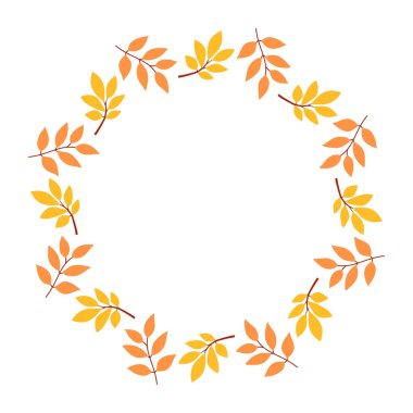 Sonbahar çerçevesini turuncu ve sarı dallarla çember yapın. Sonbahar baskısı, dekor, poster, afiş ve kart için tasarım ögesi. İzole vektör illüstrasyonu 