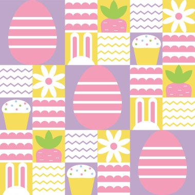 Paskalya elementleri düz minimalist tarzda geometrik, pürüzsüz desen. Davetiye, kartpostal, poster, broşür. Vektör illüstrasyonu