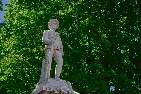 Arkasında parlak yeşil ağaçlar olan bir Avustralya Anglo-Yaban domuzu savaş anıtı heykeli..