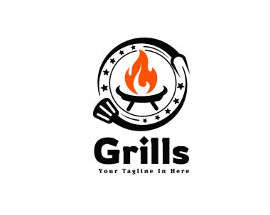 ateş sıcak barbekü vintage amblem logo tasarım vektör şablonu illüstrasyon ilham