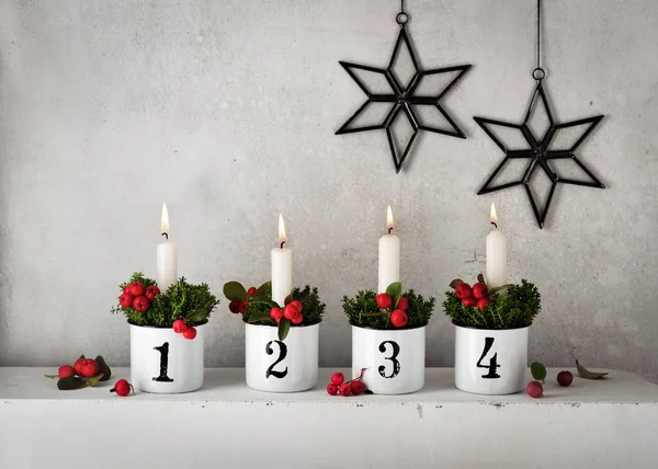 Advent Christmas Decorations White Advent Candles Four Emaile Pots Numbers — Stock Photo, Image