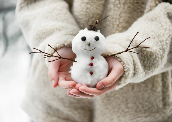 Little Cute Smiling Snowman Child Hands Having Fun Wintertime Selective — Stock Photo, Image
