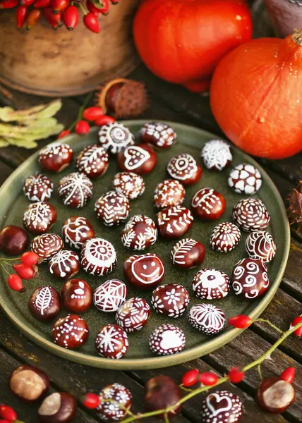 Beautiful decoration with hand painted chestnuts with different funny motifs in a pate for home or garten. DIY autumn idea for children.