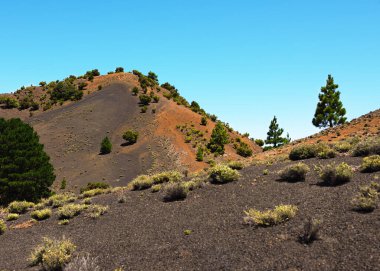 La Hoya de Fireba volkanı yakınlarındaki güzel volkanik manzara. La Llana Yolu 'nun El Hierro bölgesinde yürüyüş. Kanarya Adaları, İspanya
