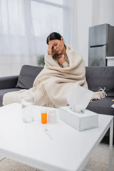 Exhausted Asian Woman Blanket Sitting Pills Napkins Home — Stock Photo, Image