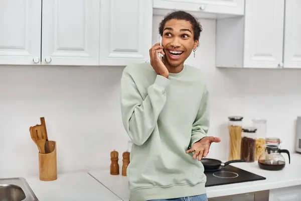Appealing Cheerful African American Man White Cozy Sweater Talking Phone Royalty Free Stock Photos