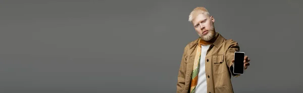 Uomo barbuto albino in giacca camicia con smartphone con schermo bianco isolato su grigio, banner — Foto stock
