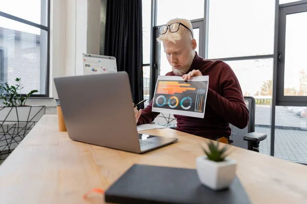 Homme d'affaires barbu albinos dans des lunettes montrant infographies pendant appel vidéo sur ordinateur portable — Photo de stock