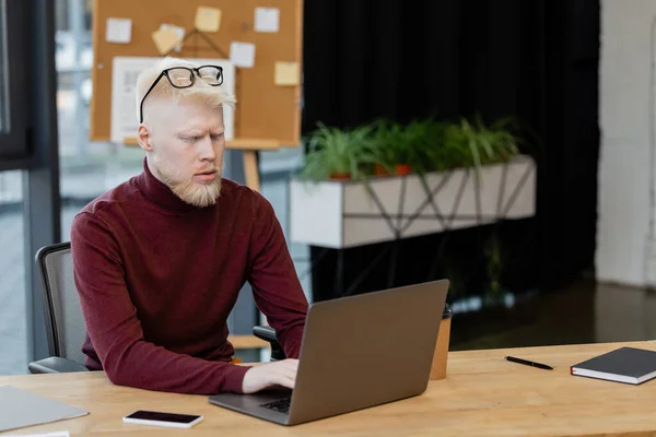 Бородатий альбіно бізнесмен використовує ноутбук біля смартфона з порожнім екраном в офісі — стокове фото