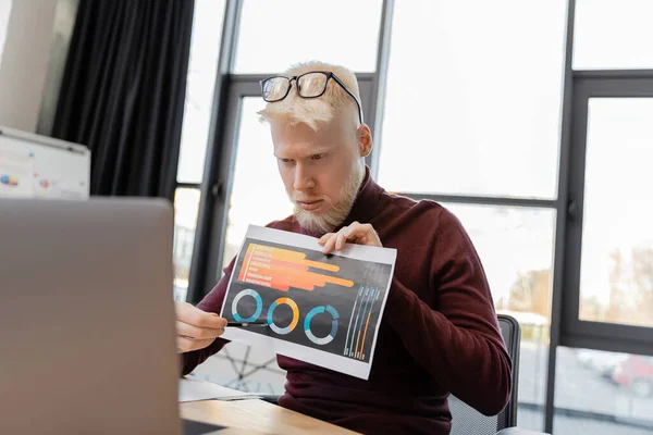 Bearded albino businessman in glasses showing infographics during video call on laptop — Stock Photo