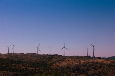 Kırsal bir yamacın tepesinde açık bir akşam gökyüzüne yakalanmış bir sıra rüzgar türbini. Bu resim yenilenebilir enerji ve sürdürülebilirliği sembolize ediyor, çevre dostu güç üretiminin güzelliğini vurguluyor.