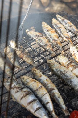 Kömür ızgarasında ızgara sardalya, altın, dumanlı deriyle geleneksel Portekiz mutfağının özünü yakalıyor. Bu sahne, ızgara sardalyanın ikonik bir yemek olduğu Portekiz 'deki yaz şenliklerinin otantik lezzetini çağrıştırıyor.