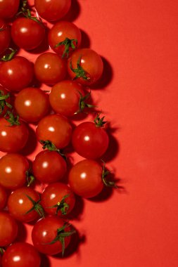Cesur kırmızı arka planda taze kiraz domatesleriyle dolu modern bir hayat. Parlak dokusu, canlı renkleri ve yumuşak gölgeleri tazeliği vurguluyor. Yemek ve yemek fotoğrafçılığı için mükemmel hale getiriyor..