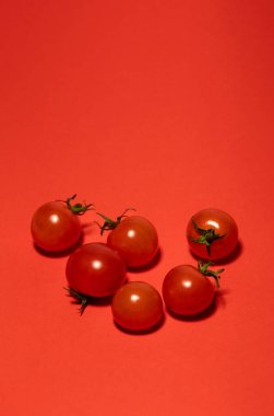 Kırmızı arka planda sergilenen taze vişne domateslerinden canlı bir yaşam bileşimi. Zengin renk uyumu, yumuşak gölgeler ve parlak doku tazeliği ve organik kaliteyi vurgular.