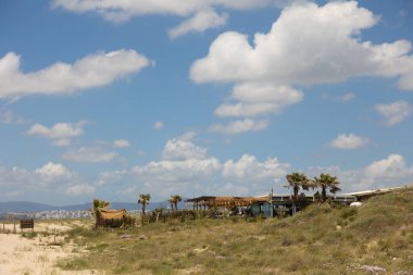 Portekiz 'in başkenti Costa da Caparica' da güneşli bir günde etrafı kum tepeleri ve palmiye ağaçlarıyla çevrili kırsal bir sahil barı. Parlak mavi gökyüzünün altında beyaz bulutlarla benekli huzurlu bir sahil manzarası..