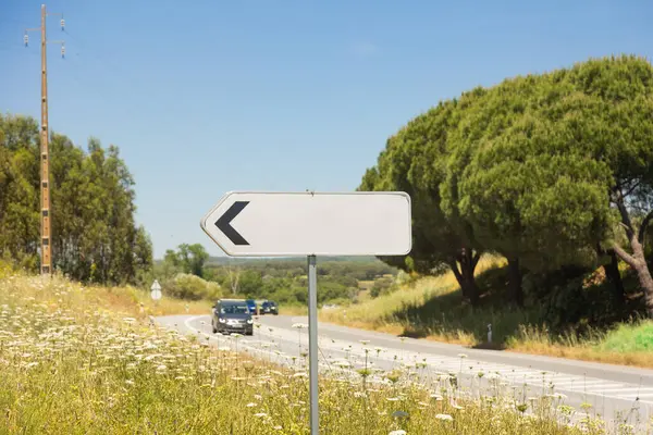 Portekiz, Vora yakınlarındaki Alentejo kırsalında kırsal bir yol kıvrılır. Boş bir yön işareti açık mavi gökyüzünün altında kır çiçekleri ve çam ağaçlarıyla çevrili..