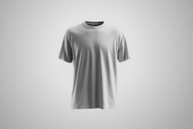 Yumuşak eğimli arka planda düz beyaz bir tişörtün yapay görüntüsü. Markalaşma, baskı tasarımı ya da moda gösterileri için temiz kıyafet modeli. İzole ön görünüm.