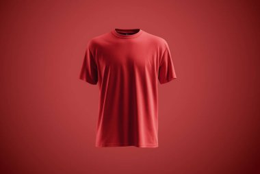 Kırmızı arka planda kırmızı bir tişörtün yapay zekayla oluşturulmuş görüntüsü. İzole kıyafetlerle basit, temiz ve minimalist moda konsepti. 3B oluşturma biçimi.