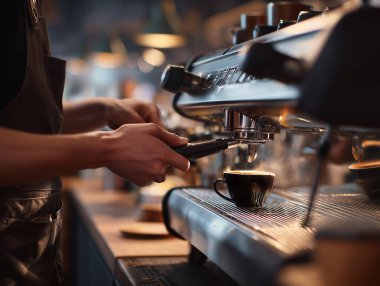 Barista sıcak bir kafede kahve makinesiyle espresso hazırlıyor. Sıcak aydınlatma ve bir bardaktan yükselen buhar işçiliğe odaklanmış davetkar bir atmosfer yaratır..
