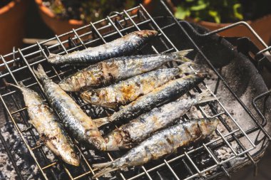 Geleneksel kömür mangalında kızartılan taze sardalyalar. Balıklar hafif kömürleşmiş ve cızırdıyor, Akdeniz mutfağının ve açık hava yemeklerinin özünü yakalıyorlar. Portekiz