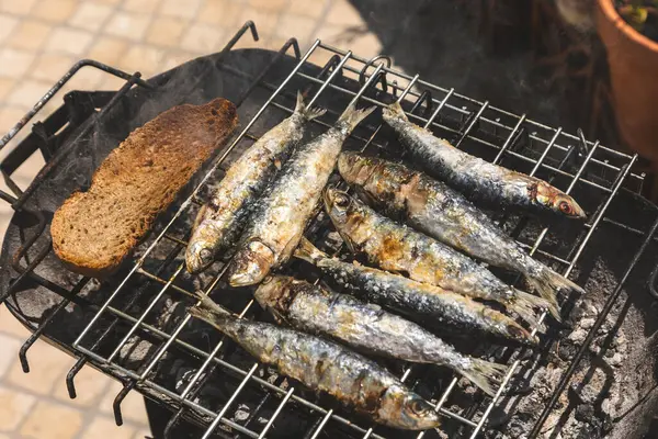 Izgara sardalya ve mangal üzerine tost, Portekiz.