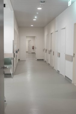 Modern bir hastane ya da kliniğin boş koridoru. Kapalı kapılar ve temiz bir iç mekan.