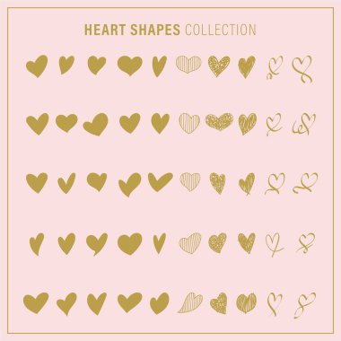 Büyük altın el çizilmiş kalpler. Vektör illüstrasyon aşk şekilleri. Pembe arka planda izole edilmiş