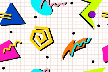 Renkli memphis stilinin serbest vektörü nostaljik arkaplan ya da eski 90 'ların pürüzsüz deseni
