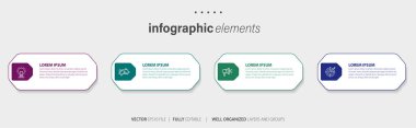 Bilgi grafikleri tasarım vektörü ve pazarlama simgeleri iş akışı düzeni, diyagram, yıllık rapor ve web tasarımı için kullanılabilir. 4 seçeneği, adımı veya süreci olan iş konsepti.