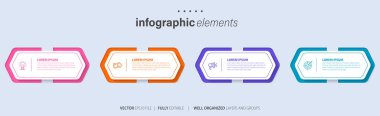 Simgeli ve 4 seçenekli Vector Infographic etiket tasarım şablonu. İşlem şeması, sunumlar, iş akışı düzeni, afiş, akış şeması, bilgi grafiği için kullanılabilir.