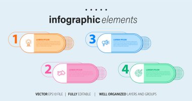 Ticari bilgi elemanları simge ve 4 seçenek ya da basamaklı şablon tasarımı yapar. Vektör illüstrasyon web sitesi afişi.