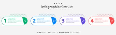 Ticari bilgi elemanları simge ve 4 seçenek ya da basamaklı şablon tasarımı yapar. Vektör illüstrasyon web sitesi afişi.