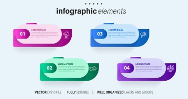 Ticari bilgi elemanları simge ve 4 seçenek ya da basamaklı şablon tasarımı yapar. Vektör illüstrasyon web sitesi afişi.