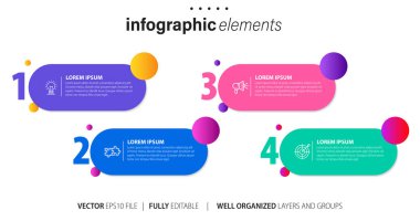 Ticari bilgi elemanları simge ve 4 seçenek ya da basamaklı şablon tasarımı yapar. Vektör illüstrasyon web sitesi afişi.