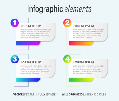 4 ardışık adımlı iş modeli kavramı. Dört renkli grafik elementi. Broşür ve sunum için zaman çizelgesi tasarımı. Infographic tasarım düzeni