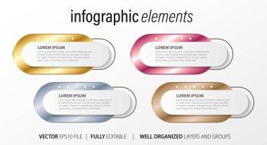 4 ardışık adımlı iş modeli kavramı. Dört renkli grafik elementi. Broşür ve sunum için zaman çizelgesi tasarımı. Infographic tasarım düzeni
