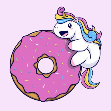 Tatlı tek boynuzlu at ve çörek. Vektör çizimi. Çizgi film biçimi.