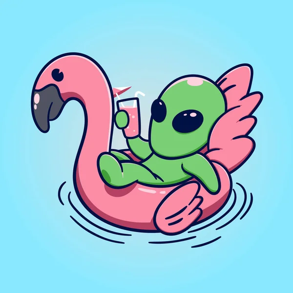 Engraçado Alien Chill Flamingo Pneu Natação Com Copo Coquetel Ilustração — Vetor de Stock