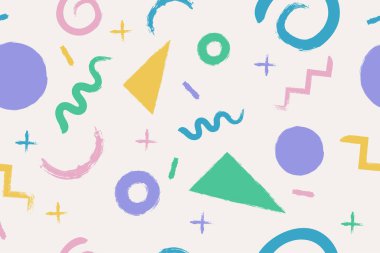 Retro 80 'ler - 90' lar kusursuz şekilli, el çizimi geometrik şekilli. Vektör illüstrasyonu.