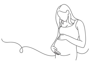 Continuous line art drawing of pregnant woman touching her belly. Maternity Vector illustration clipart