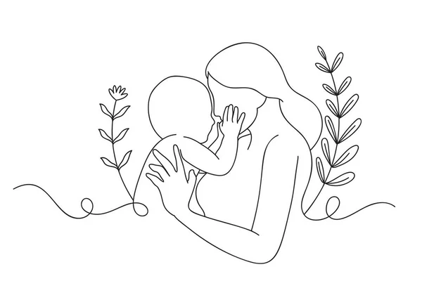 Terus Menerus Satu Garis Gambar Ibu Menggendong Bayinya Ibu Dan - Stok Vektor
