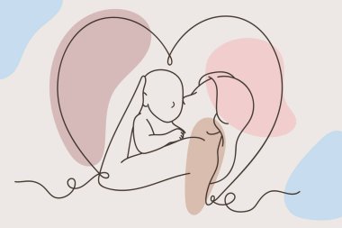 Anne ve bebek aşık. Devamlı çizgi çizimi. Vektör illüstrasyonu.