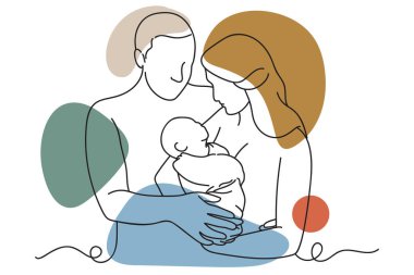 Sürekli mutlu bir ailenin çizdiği çizgiler. Anne, baba ve bebek. Vektör illüstrasyonu