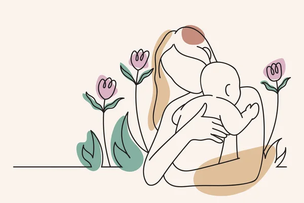 Mãe Segurando Seu Bebê Seus Braços Ilustração Vetorial Estilo Linear — Vetor de Stock