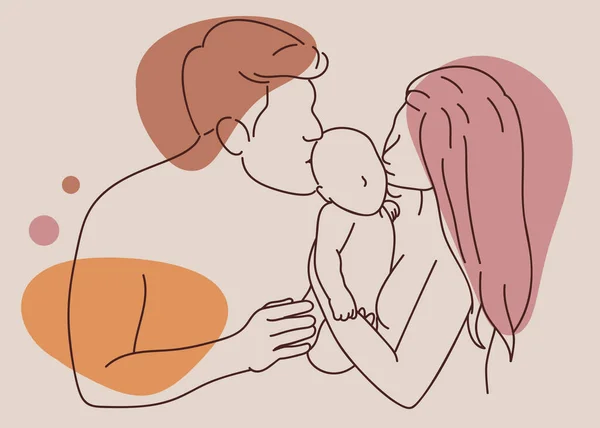 Lindo Vector Línea Arte Ilustración Una Pareja Amorosa Con Bebé — Vector de stock