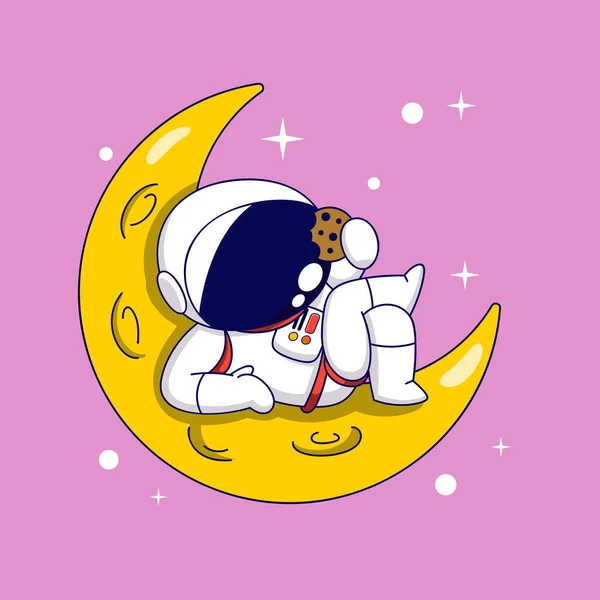 Cute Cartoon Astronaut Sleeping Crescent Moon Vector Illustration — Stock Vector