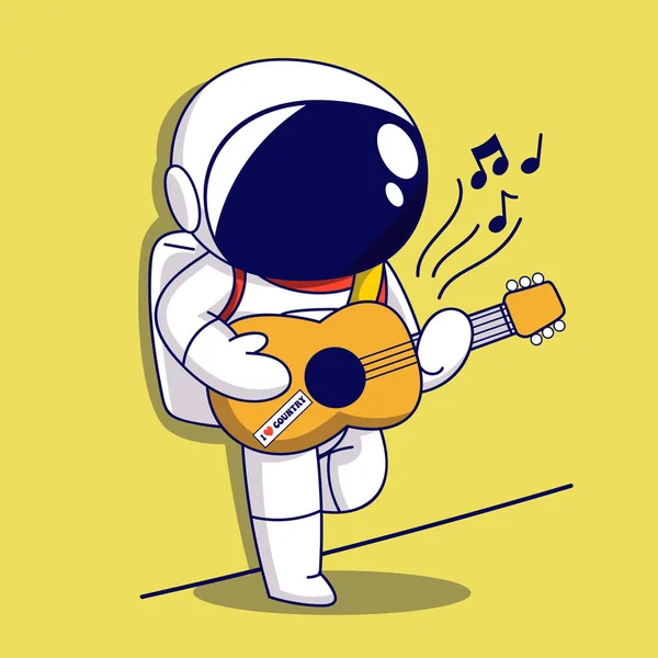 Roztomilý Karikatura Astronaut Hraje Kytaru Přes Žluté Pozadí Barevný Design — Stockový vektor