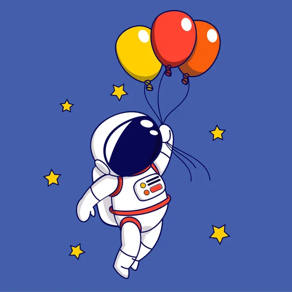 Lindo Astronauta Dibujos Animados Volando Con Globos Ilustración Vectorial Estilo — Vector de stock