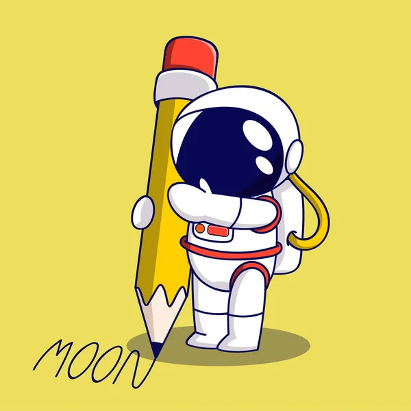Roztomilý Karikatura Astronauta Tužkou Přes Žluté Pozadí Barevný Design Vektorová — Stockový vektor