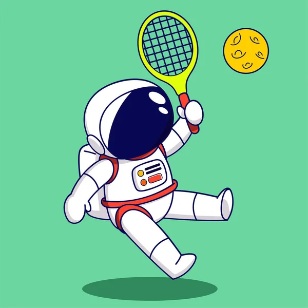 Netter Cartoon Astronaut Beim Tennisspielen Mit Schläger Und Ball Vektorillustration — Stockvektor